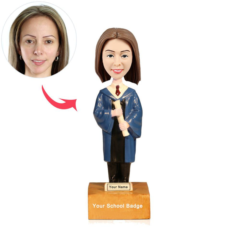 Custom Graduation Girl Bobblehead with Blue Academic Gown