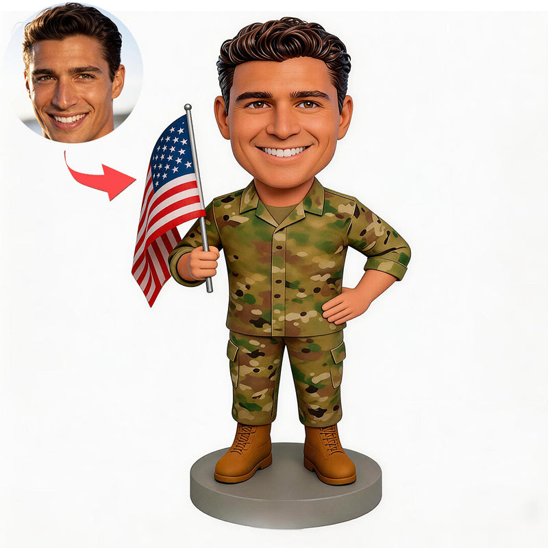 Personalized Military Style Bobblehead with American Flag