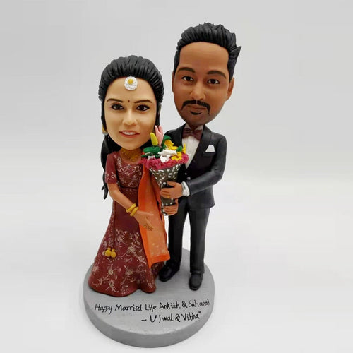Custom Indian Wedding Couple Bobblehead with Flowers